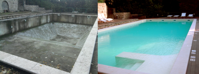 Rivestimento PVC colore sabbia con scala e panca hydro